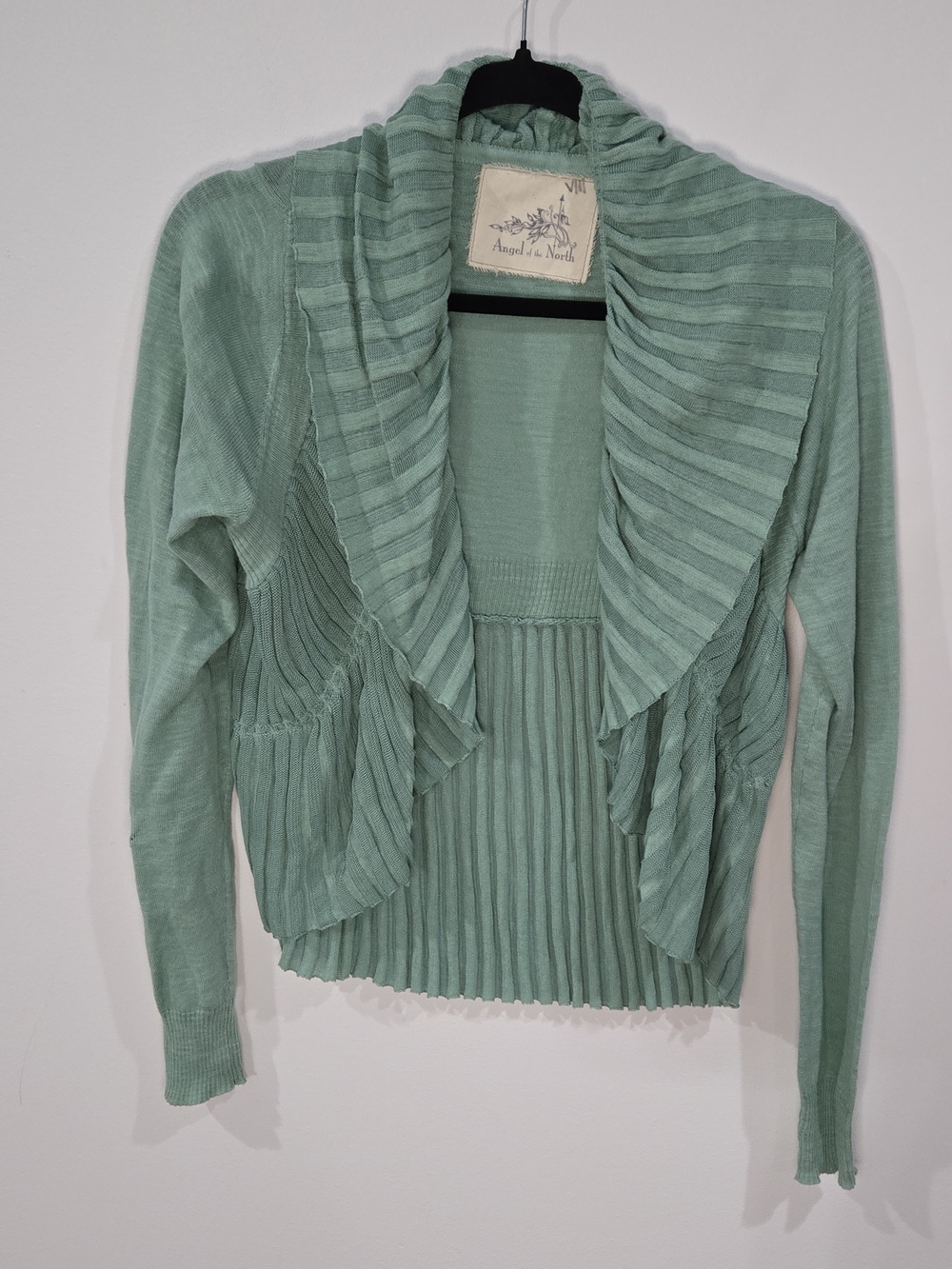 Angel of the North Sz Med Mint Green Pleated Open Cardigan Sweater